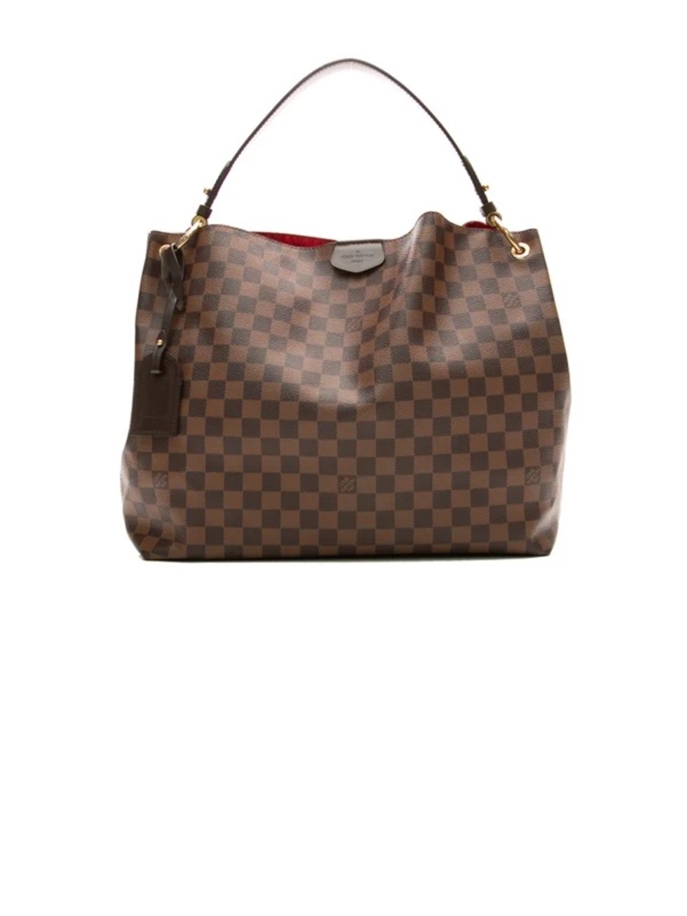 Louis Vuitton Brown Checkered Shoulder Tote with Red Interior Accents